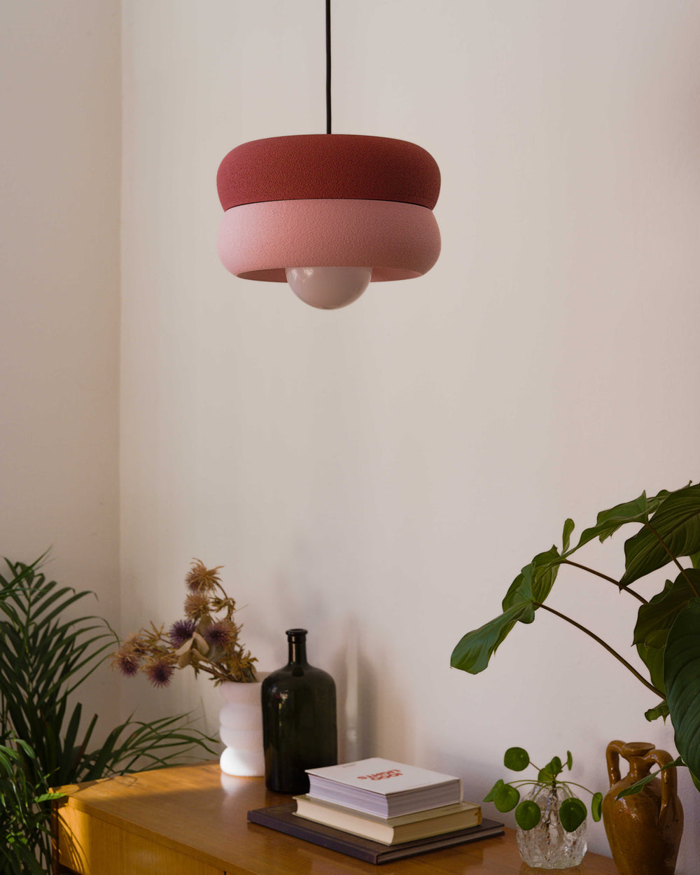 Candy Old Rose Ramon Ceiling Lamp mounted in room with lights off